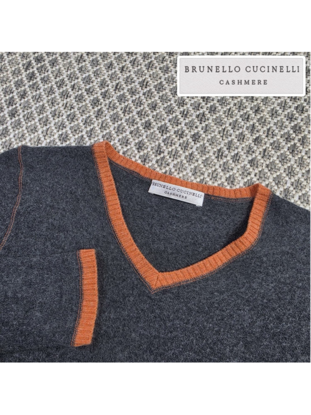 Brunello Cucinelli Cashmere Silk Sweater Womens Gray Orange V Neck Italy XS/S